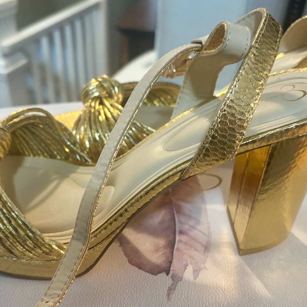 Jessica Simpson Metallic Gold Knot-Front Heeled Sandals - Picture 6 of 9